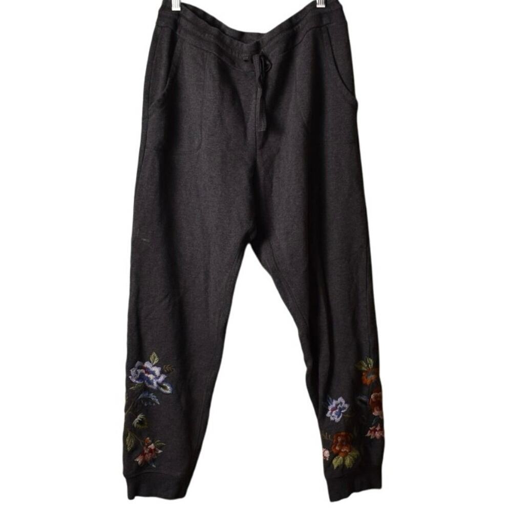 JOHNNY WAS JW Charcoal Grey Floral Cotton Embroidered Joggers Size L - Picture 2 of 8